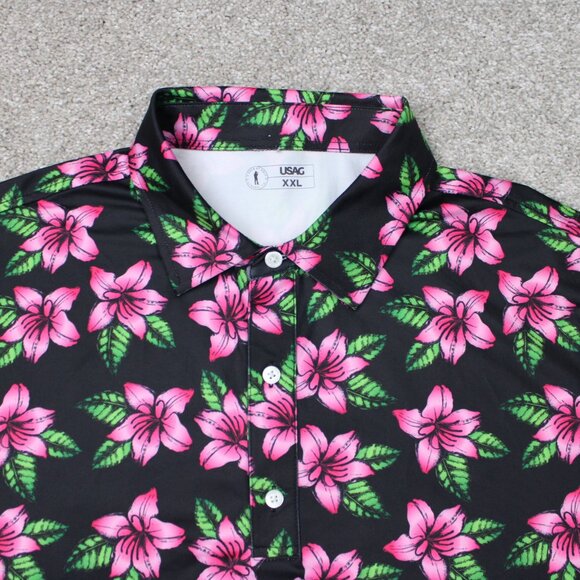 USAG You Suck at Golf Polo Shirt Mens 2XL XXL Black/Pink Floral Poly Stretch S/S - Picture 5 of 12